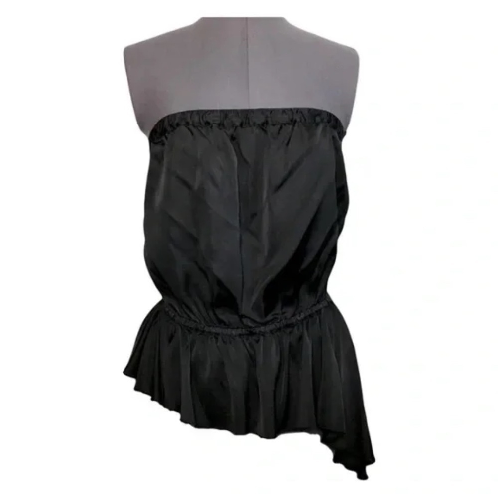 7 For All Mankind | Black Satin Asymmetrical Hem Strapless Top, Small